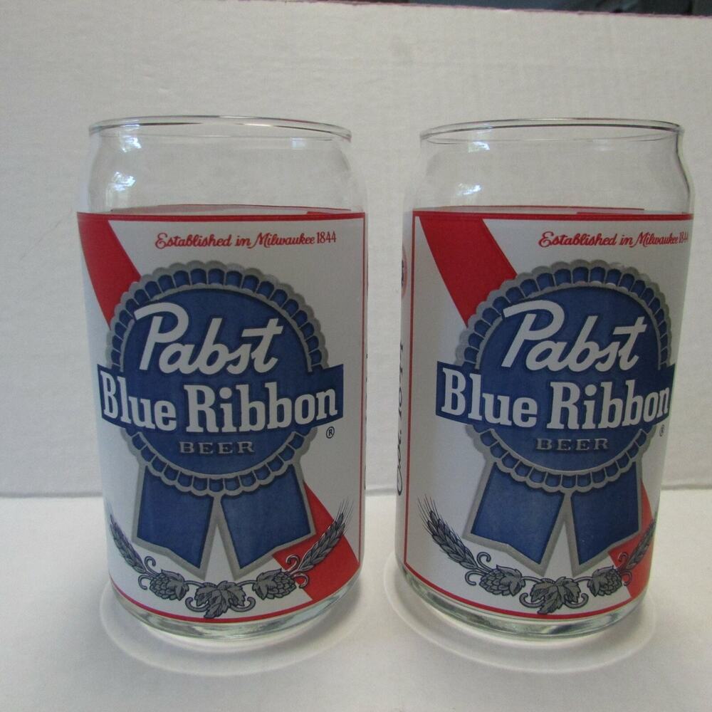 Pabst Blue Ribbon Beer GLASS Cans Set of Two 16 oz Can Shaped Glasses Man Cave